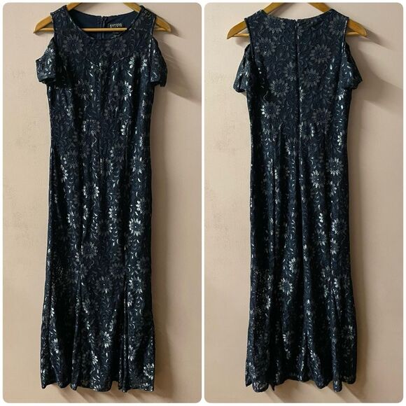 Enfocus Studio Navy Lacey Floral Metallic Cold-Shoulder Maxi Dress Size 4 GUC - Picture 2 of 11